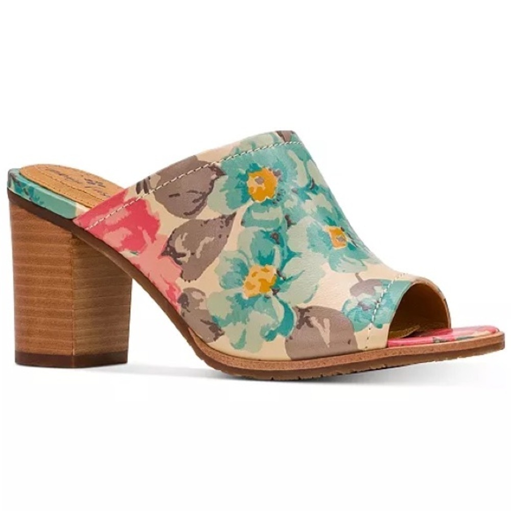 Patricia Nash Floral Open-Toe Block Heel Mules in Teal, Pink, Cream